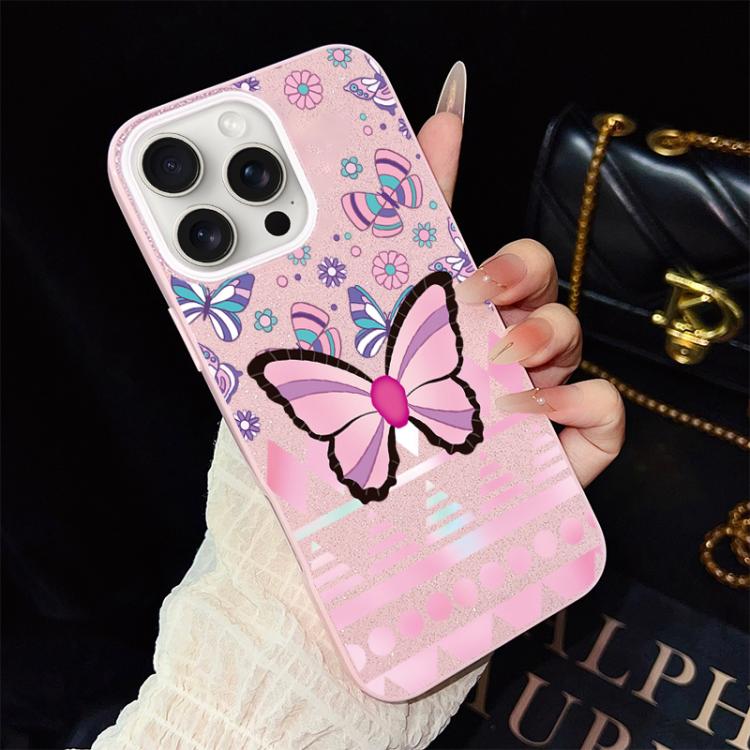 Custodia per telefono ibrida in PC e TPU con glitter IMD e motivo a farfalle rosa., For iPhone 16 Pro, For iPhone 16 Plus, For iPhone 16, For iPhone 15 Pro Max, For iPhone 15 Pro, For iPhone 15 Plus