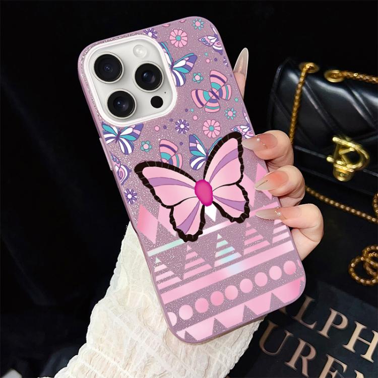 Custodia per telefono ibrida in PC e TPU con glitter IMD e motivo a farfalle rosa., For iPhone 16 Pro, For iPhone 16 Plus, For iPhone 16, For iPhone 15 Pro Max, For iPhone 15 Pro, For iPhone 15 Plus