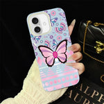 Custodia per telefono ibrida in PC e TPU con glitter IMD e motivo a farfalle rosa., For iPhone 16 Pro, For iPhone 16 Plus, For iPhone 16, For iPhone 15 Pro Max, For iPhone 15 Pro, For iPhone 15 Plus