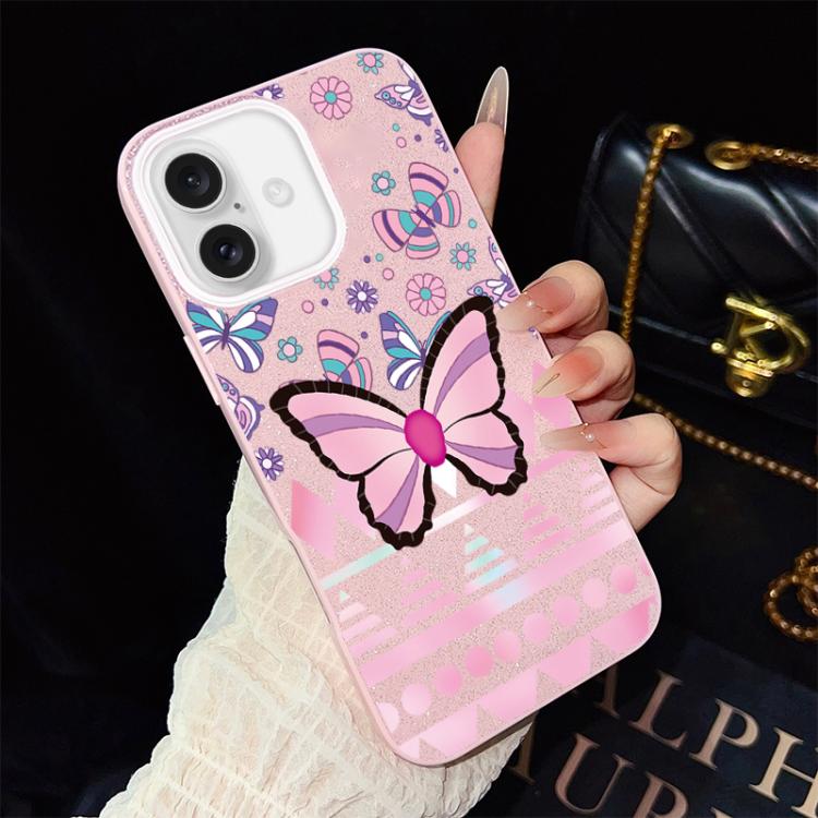 Custodia per telefono ibrida in PC e TPU con glitter IMD e motivo a farfalle rosa., For iPhone 16 Pro, For iPhone 16 Plus, For iPhone 16, For iPhone 15 Pro Max, For iPhone 15 Pro, For iPhone 15 Plus