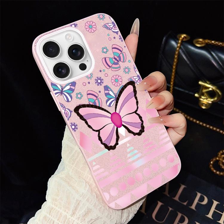 Custodia per telefono ibrida in PC e TPU con glitter IMD e motivo a farfalle rosa., For iPhone 16 Pro, For iPhone 16 Plus, For iPhone 16, For iPhone 15 Pro Max, For iPhone 15 Pro, For iPhone 15 Plus