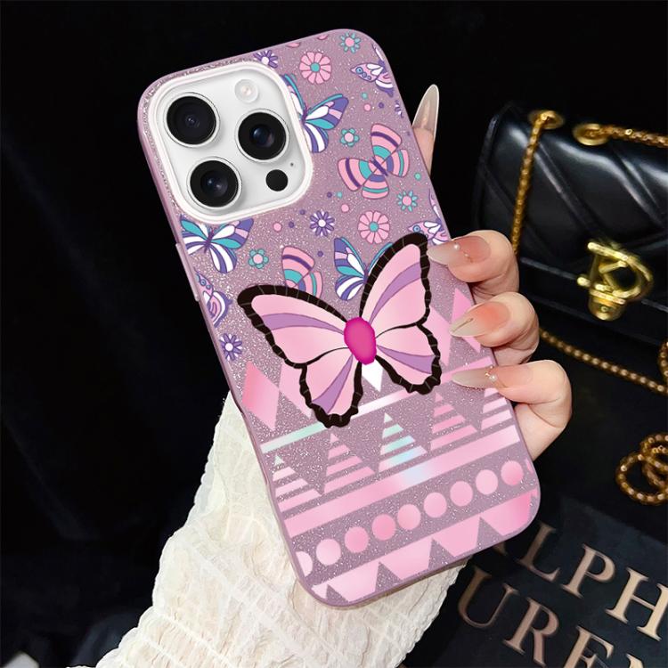 Custodia per telefono ibrida in PC e TPU con glitter IMD e motivo a farfalle rosa., For iPhone 17e / 16e, For iPhone 17 Pro Max, For iPhone 17 Pro, For iPhone 17, For iPhone Air, For iPhone 16 Pro Max