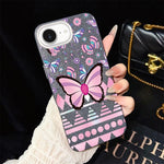 Custodia per telefono ibrida in PC e TPU con glitter IMD e motivo a farfalle rosa., For iPhone 17e / 16e, For iPhone 17 Pro Max, For iPhone 17 Pro, For iPhone 17, For iPhone Air, For iPhone 16 Pro Max