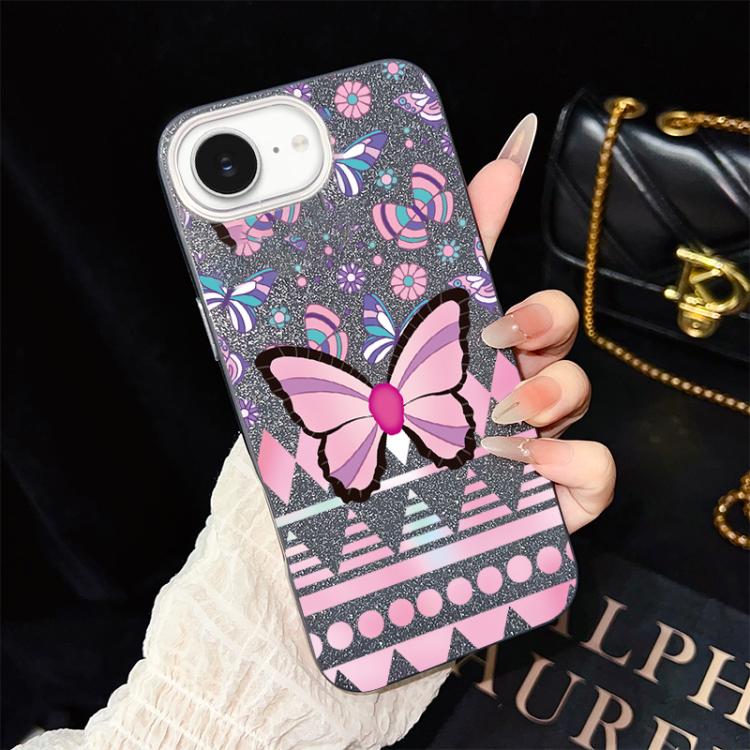 Custodia per telefono ibrida in PC e TPU con glitter IMD e motivo a farfalle rosa., For iPhone 17e / 16e, For iPhone 17 Pro Max, For iPhone 17 Pro, For iPhone 17, For iPhone Air, For iPhone 16 Pro Max