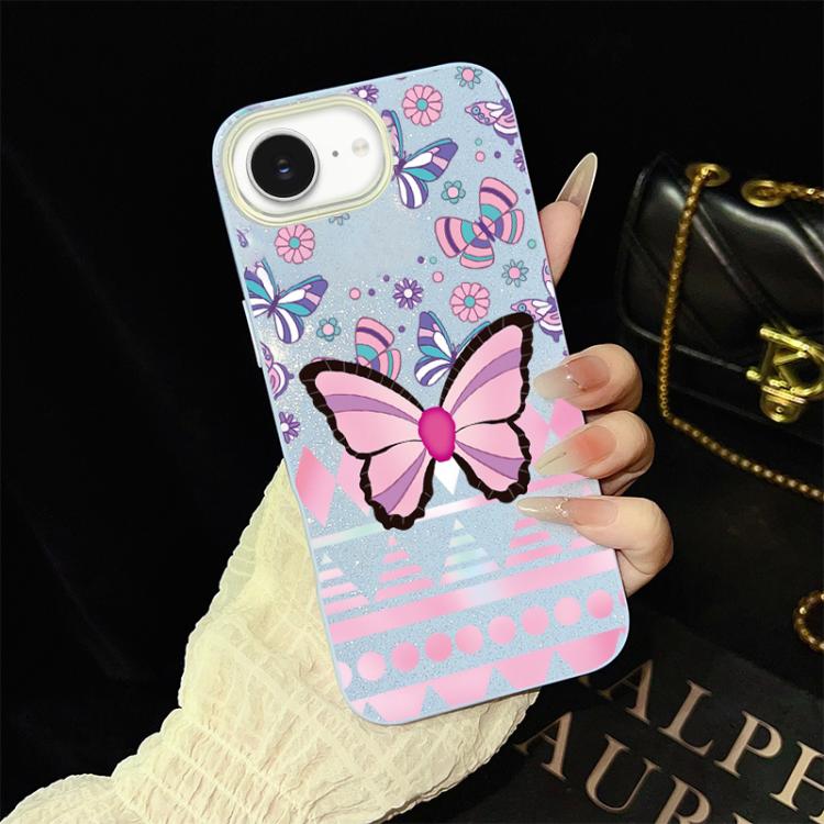 Custodia per telefono ibrida in PC e TPU con glitter IMD e motivo a farfalle rosa., For iPhone 17e / 16e, For iPhone 17 Pro Max, For iPhone 17 Pro, For iPhone 17, For iPhone Air, For iPhone 16 Pro Max