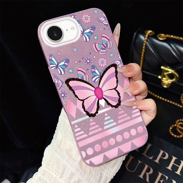 Custodia per telefono ibrida in PC e TPU con glitter IMD e motivo a farfalle rosa., For iPhone 17e / 16e, For iPhone 17 Pro Max, For iPhone 17 Pro, For iPhone 17, For iPhone Air, For iPhone 16 Pro Max