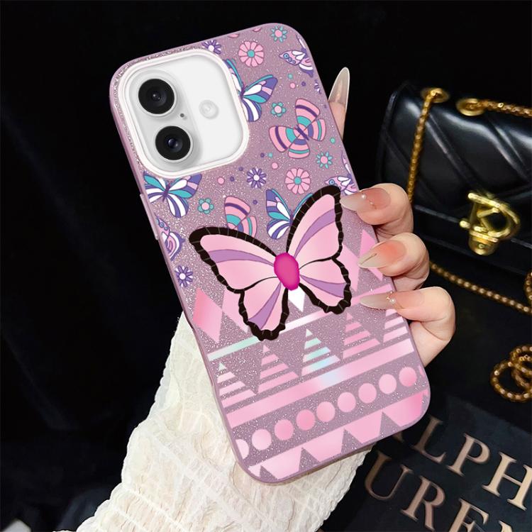 Custodia per telefono ibrida in PC e TPU con glitter IMD e motivo a farfalle rosa., For iPhone 17e / 16e, For iPhone 17 Pro Max, For iPhone 17 Pro, For iPhone 17, For iPhone Air, For iPhone 16 Pro Max