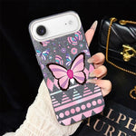Custodia per telefono ibrida in PC e TPU con glitter IMD e motivo a farfalle rosa., For iPhone 17e / 16e, For iPhone 17 Pro Max, For iPhone 17 Pro, For iPhone 17, For iPhone Air, For iPhone 16 Pro Max