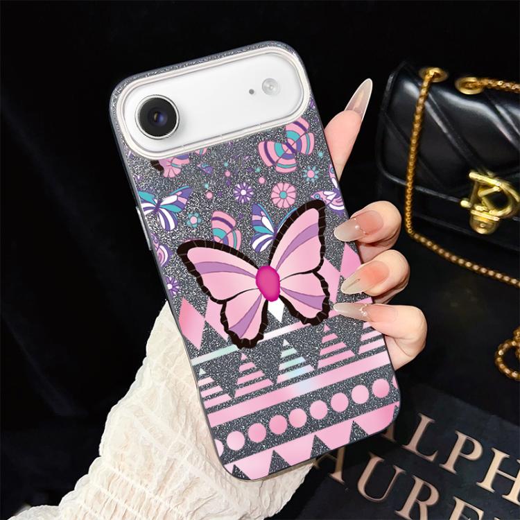 Custodia per telefono ibrida in PC e TPU con glitter IMD e motivo a farfalle rosa., For iPhone 17e / 16e, For iPhone 17 Pro Max, For iPhone 17 Pro, For iPhone 17, For iPhone Air, For iPhone 16 Pro Max
