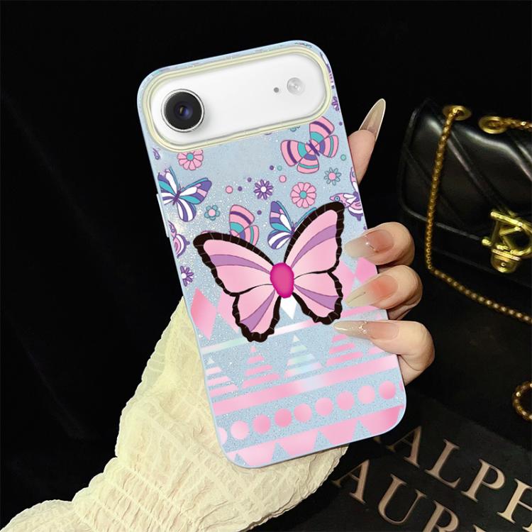 Custodia per telefono ibrida in PC e TPU con glitter IMD e motivo a farfalle rosa., For iPhone 17e / 16e, For iPhone 17 Pro Max, For iPhone 17 Pro, For iPhone 17, For iPhone Air, For iPhone 16 Pro Max
