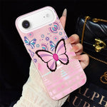 Custodia per telefono ibrida in PC e TPU con glitter IMD e motivo a farfalle rosa., For iPhone 17e / 16e, For iPhone 17 Pro Max, For iPhone 17 Pro, For iPhone 17, For iPhone Air, For iPhone 16 Pro Max