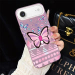 Custodia per telefono ibrida in PC e TPU con glitter IMD e motivo a farfalle rosa., For iPhone 17e / 16e, For iPhone 17 Pro Max, For iPhone 17 Pro, For iPhone 17, For iPhone Air, For iPhone 16 Pro Max