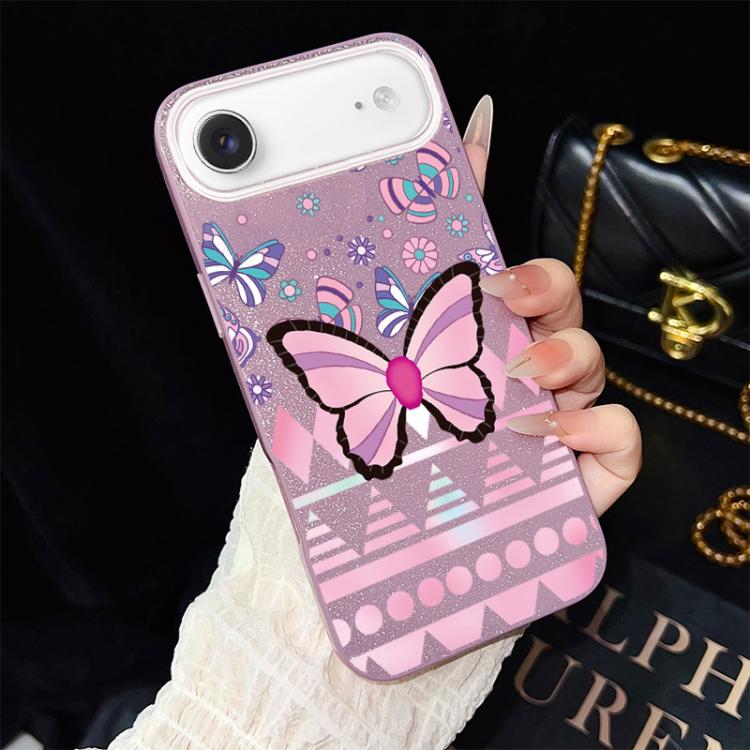 Custodia per telefono ibrida in PC e TPU con glitter IMD e motivo a farfalle rosa., For iPhone 17e / 16e, For iPhone 17 Pro Max, For iPhone 17 Pro, For iPhone 17, For iPhone Air, For iPhone 16 Pro Max