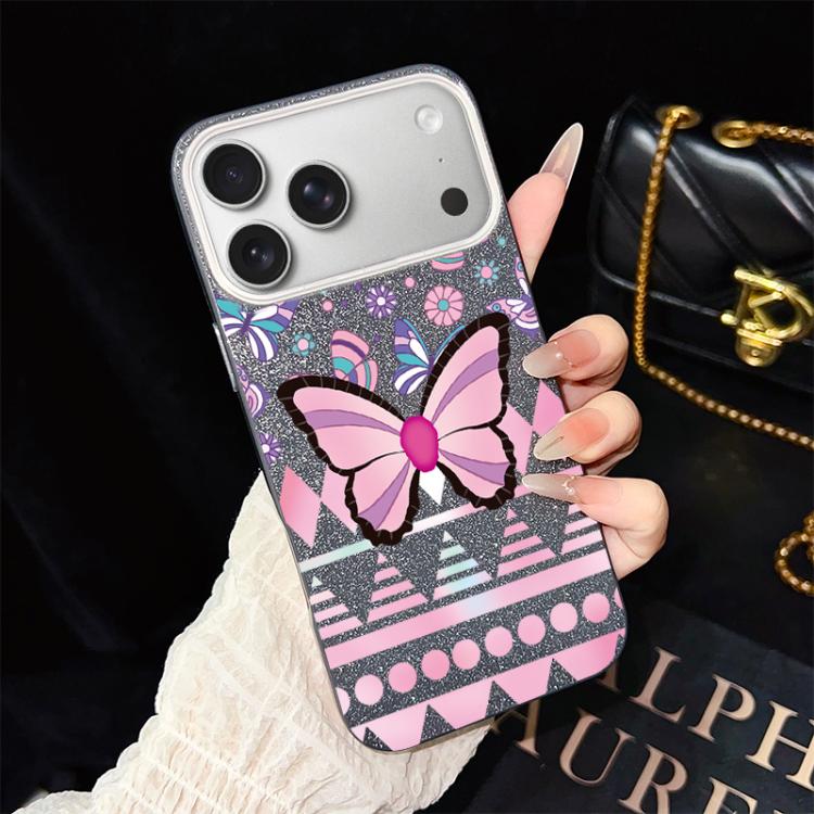 Custodia per telefono ibrida in PC e TPU con glitter IMD e motivo a farfalle rosa., For iPhone 17e / 16e, For iPhone 17 Pro Max, For iPhone 17 Pro, For iPhone 17, For iPhone Air, For iPhone 16 Pro Max