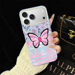 Custodia per telefono ibrida in PC e TPU con glitter IMD e motivo a farfalle rosa., For iPhone 17e / 16e, For iPhone 17 Pro Max, For iPhone 17 Pro, For iPhone 17, For iPhone Air, For iPhone 16 Pro Max