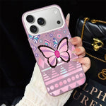 Custodia per telefono ibrida in PC e TPU con glitter IMD e motivo a farfalle rosa., For iPhone 17e / 16e, For iPhone 17 Pro Max, For iPhone 17 Pro, For iPhone 17, For iPhone Air, For iPhone 16 Pro Max