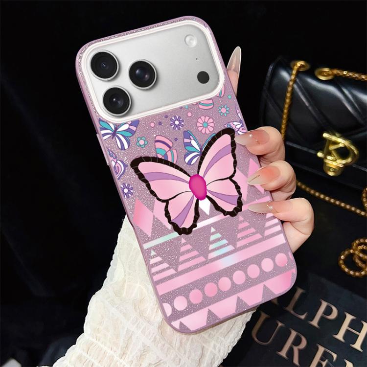Custodia per telefono ibrida in PC e TPU con glitter IMD e motivo a farfalle rosa., For iPhone 17e / 16e, For iPhone 17 Pro Max, For iPhone 17 Pro, For iPhone 17, For iPhone Air, For iPhone 16 Pro Max