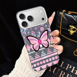 Custodia per telefono ibrida in PC e TPU con glitter IMD e motivo a farfalle rosa., For iPhone 17e / 16e, For iPhone 17 Pro Max, For iPhone 17 Pro, For iPhone 17, For iPhone Air, For iPhone 16 Pro Max