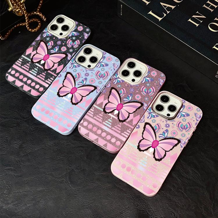 Custodia per telefono ibrida in PC e TPU con glitter IMD e motivo a farfalle rosa., For iPhone 16 Pro, For iPhone 16 Plus, For iPhone 16, For iPhone 15 Pro Max, For iPhone 15 Pro, For iPhone 15 Plus