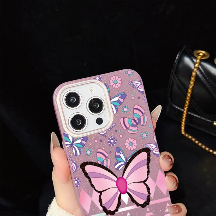 Custodia per telefono ibrida in PC e TPU con glitter IMD e motivo a farfalle rosa., For iPhone 11 Pro Max, For iPhone 11, For iPhone 11 Pro, For iPhone XS / X, For iPhone XR, For iPhone XS Max