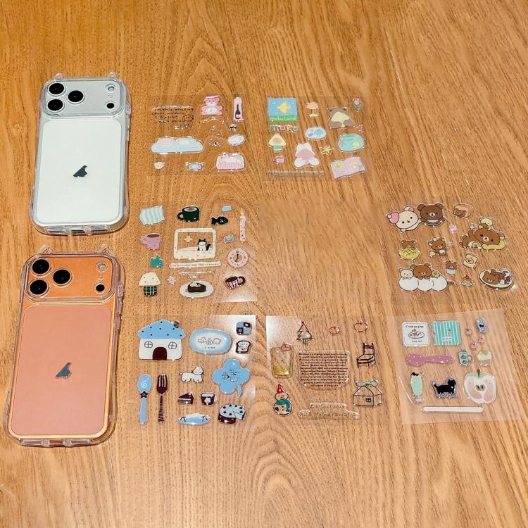 Custodia trasparente per telefono in PC con orecchie da gatto e adesivo in resina., For iPhone 17 Pro Max, For iPhone 17 Pro