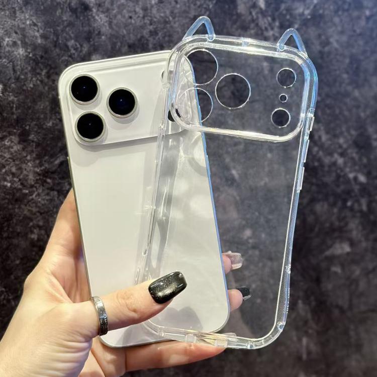 Custodia trasparente per telefono in PC con orecchie da gatto e adesivo in resina., For iPhone 17 Pro Max, For iPhone 17 Pro