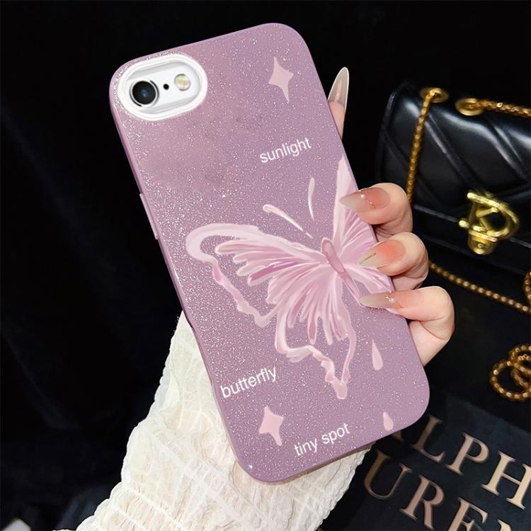 Custodia per telefono ibrida in PC TPU con motivo a stelle rosa e farfalle, glitter IMD., For iPhone 8 Plus / 7 Plus, For iPhone 6 Plus / 6s Plus, For iPhone 6 / 6s
