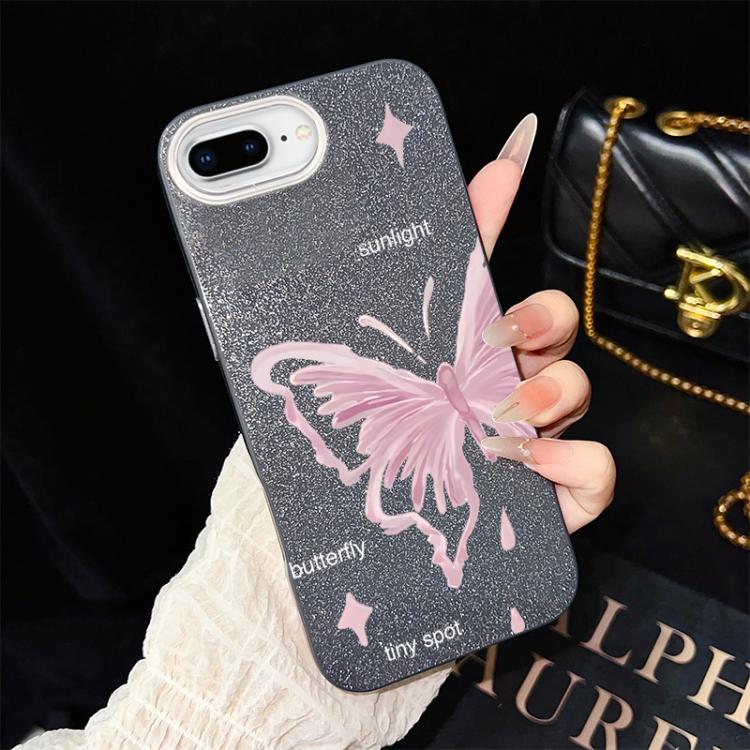 Custodia per telefono ibrida in PC TPU con motivo a stelle rosa e farfalle, glitter IMD., For iPhone 8 Plus / 7 Plus, For iPhone 6 Plus / 6s Plus, For iPhone 6 / 6s