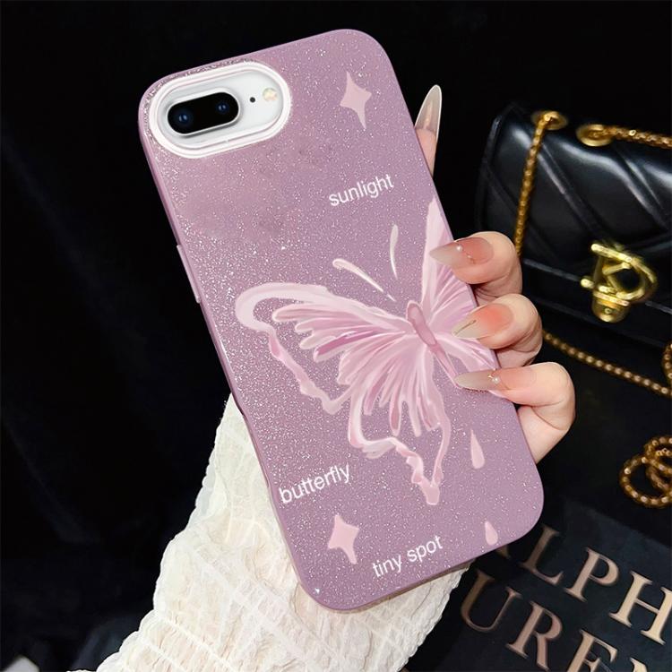 Custodia per telefono ibrida in PC TPU con motivo a stelle rosa e farfalle, glitter IMD., For iPhone 8 Plus / 7 Plus, For iPhone 6 Plus / 6s Plus, For iPhone 6 / 6s