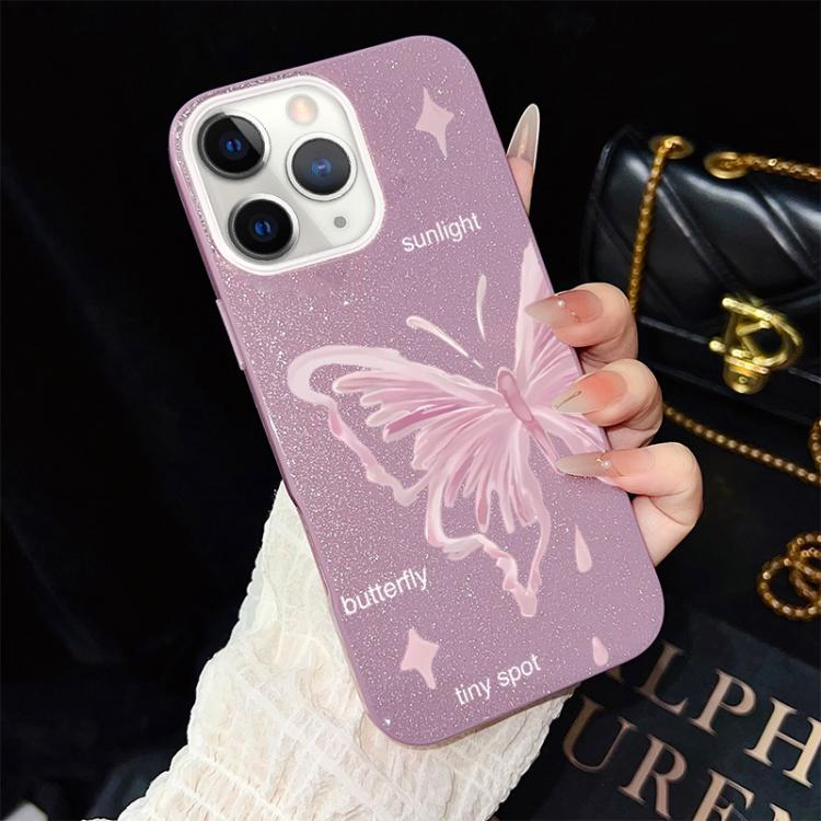 Custodia per telefono ibrida in PC TPU con motivo a stelle rosa e farfalle, glitter IMD., For iPhone 11 Pro Max, For iPhone 11, For iPhone 11 Pro, For iPhone XS / X, For iPhone XR, For iPhone XS Max