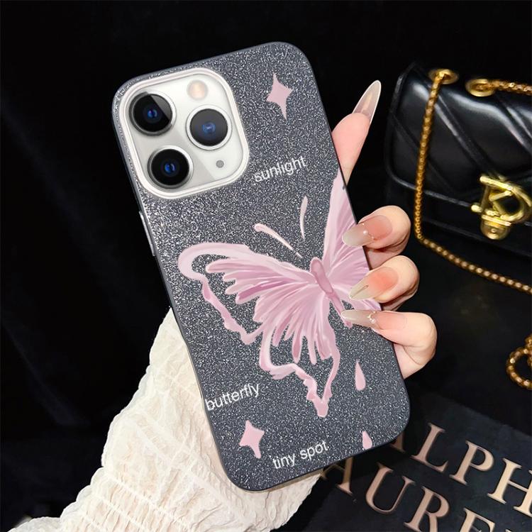 Custodia per telefono ibrida in PC TPU con motivo a stelle rosa e farfalle, glitter IMD., For iPhone 11 Pro Max, For iPhone 11, For iPhone 11 Pro, For iPhone XS / X, For iPhone XR, For iPhone XS Max