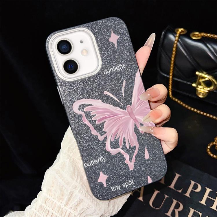 Custodia per telefono ibrida in PC TPU con motivo a stelle rosa e farfalle, glitter IMD., For iPhone 13 Pro Max, For iPhone 13 Pro, For iPhone 13, For iPhone 12, For iPhone 12 Pro Max, For iPhone 12 Pro