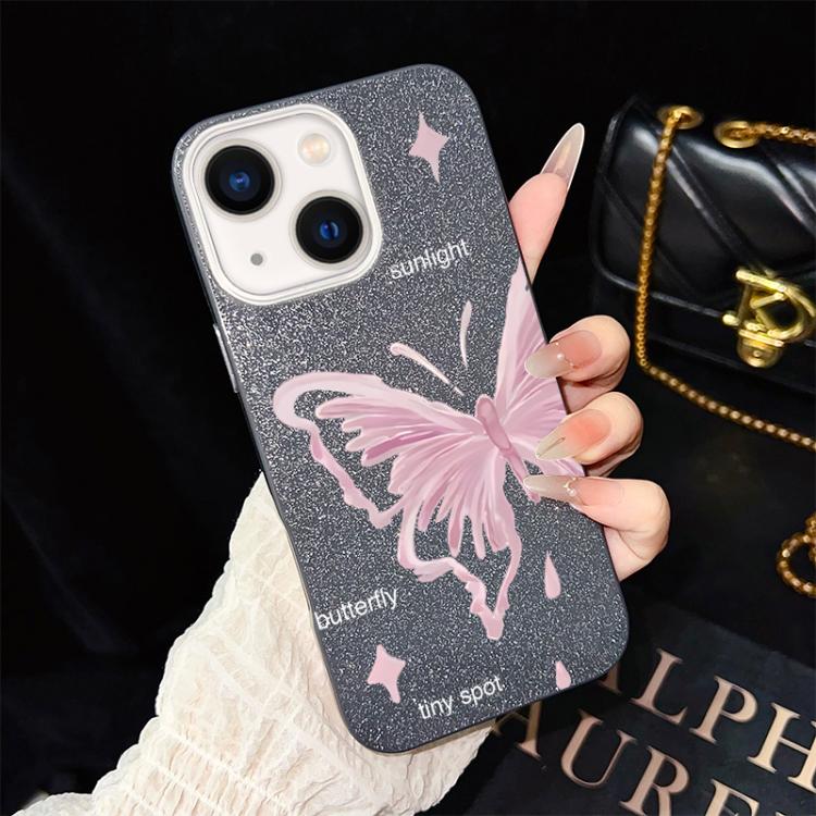Custodia per telefono ibrida in PC TPU con motivo a stelle rosa e farfalle, glitter IMD., For iPhone 15, For iPhone 14 Plus, For iPhone 14, For iPhone 14 Pro, For iPhone 14 Pro Max, For iPhone SE 2022 / SE 2020