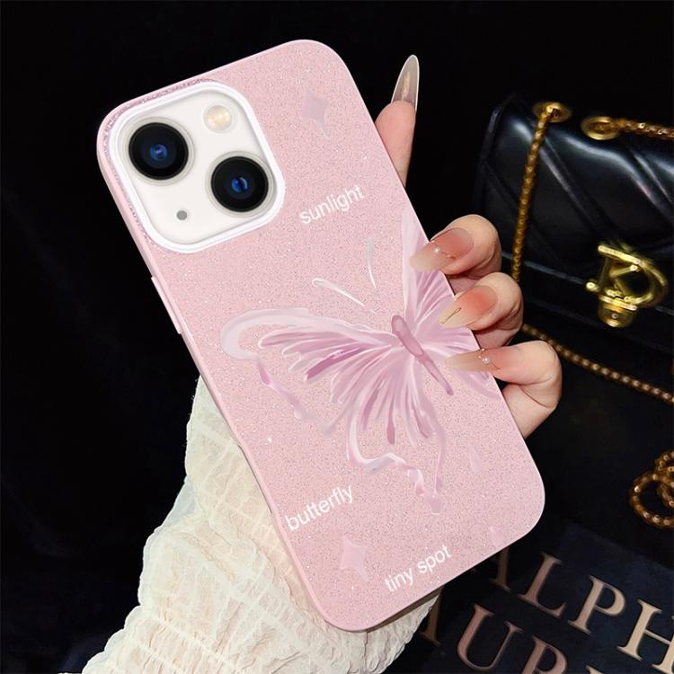 Custodia per telefono ibrida in PC TPU con motivo a stelle rosa e farfalle, glitter IMD., For iPhone 15, For iPhone 14 Plus, For iPhone 14, For iPhone 14 Pro, For iPhone 14 Pro Max, For iPhone SE 2022 / SE 2020