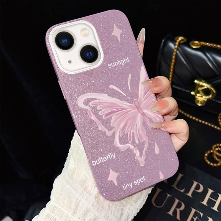 Custodia per telefono ibrida in PC TPU con motivo a stelle rosa e farfalle, glitter IMD., For iPhone 15, For iPhone 14 Plus, For iPhone 14, For iPhone 14 Pro, For iPhone 14 Pro Max, For iPhone SE 2022 / SE 2020