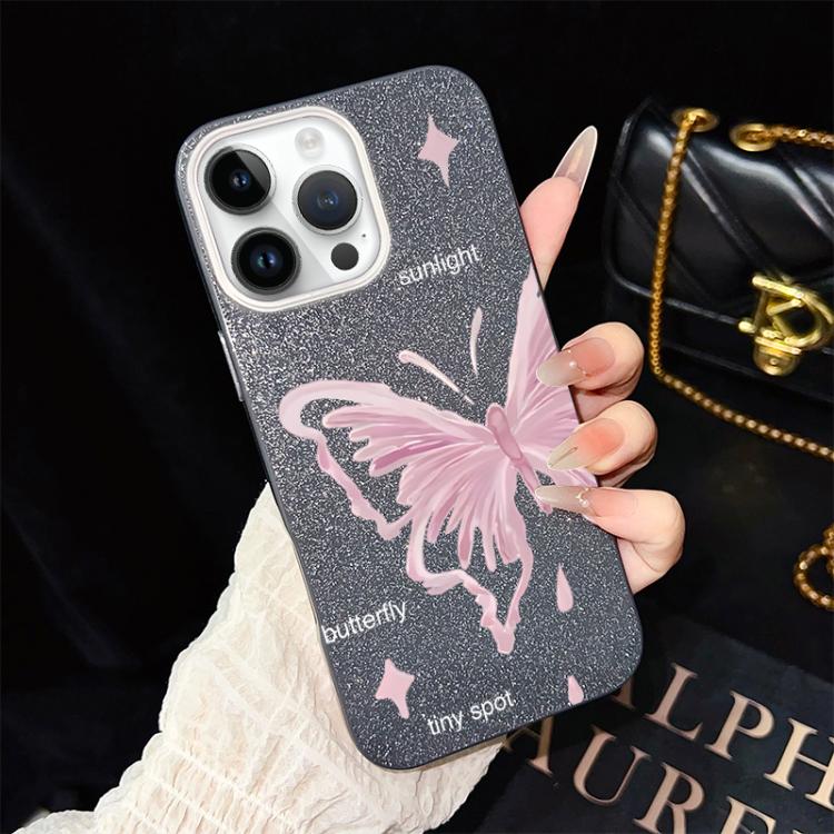Custodia per telefono ibrida in PC TPU con motivo a stelle rosa e farfalle, glitter IMD., For iPhone 15, For iPhone 14 Plus, For iPhone 14, For iPhone 14 Pro, For iPhone 14 Pro Max, For iPhone SE 2022 / SE 2020