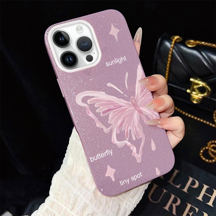Custodia per telefono ibrida in PC TPU con motivo a stelle rosa e farfalle, glitter IMD., For iPhone 15, For iPhone 14 Plus, For iPhone 14, For iPhone 14 Pro, For iPhone 14 Pro Max, For iPhone SE 2022 / SE 2020