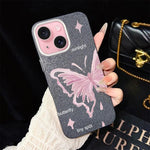 Custodia per telefono ibrida in PC TPU con motivo a stelle rosa e farfalle, glitter IMD., For iPhone 16 Pro, For iPhone 16 Plus, For iPhone 16, For iPhone 15 Pro Max, For iPhone 15 Pro, For iPhone 15 Plus