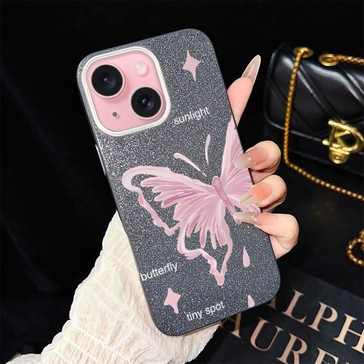 Custodia per telefono ibrida in PC TPU con motivo a stelle rosa e farfalle, glitter IMD., For iPhone 16 Pro, For iPhone 16 Plus, For iPhone 16, For iPhone 15 Pro Max, For iPhone 15 Pro, For iPhone 15 Plus