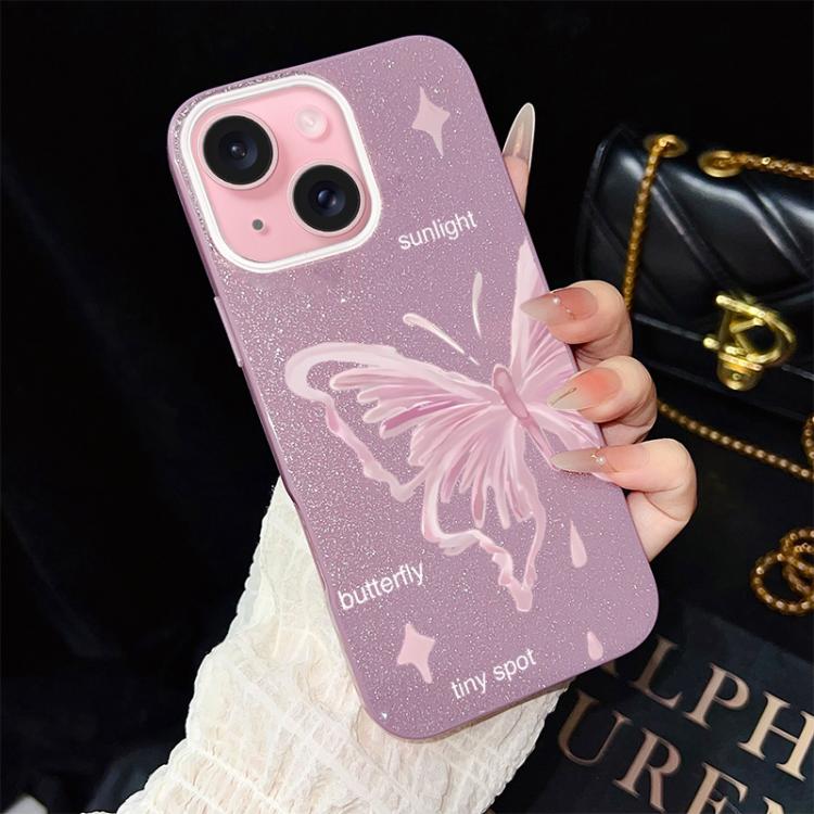 Custodia per telefono ibrida in PC TPU con motivo a stelle rosa e farfalle, glitter IMD., For iPhone 16 Pro, For iPhone 16 Plus, For iPhone 16, For iPhone 15 Pro Max, For iPhone 15 Pro, For iPhone 15 Plus