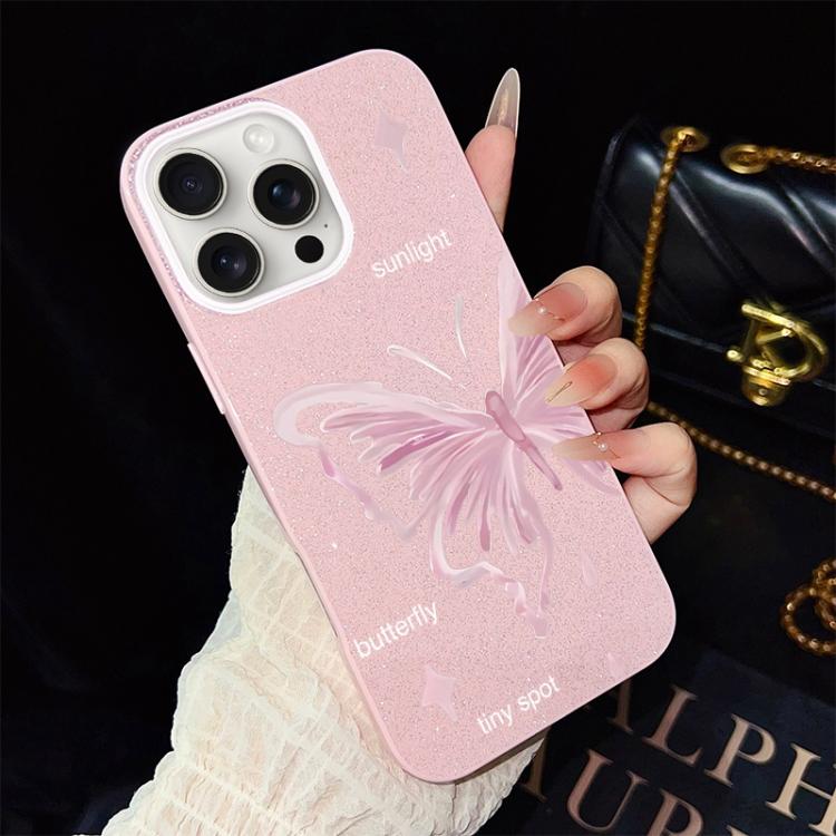 Custodia per telefono ibrida in PC TPU con motivo a stelle rosa e farfalle, glitter IMD., For iPhone 16 Pro, For iPhone 16 Plus, For iPhone 16, For iPhone 15 Pro Max, For iPhone 15 Pro, For iPhone 15 Plus