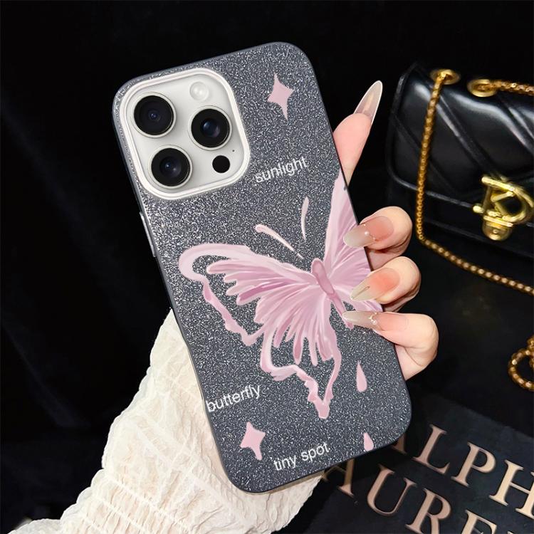 Custodia per telefono ibrida in PC TPU con motivo a stelle rosa e farfalle, glitter IMD., For iPhone 16 Pro, For iPhone 16 Plus, For iPhone 16, For iPhone 15 Pro Max, For iPhone 15 Pro, For iPhone 15 Plus