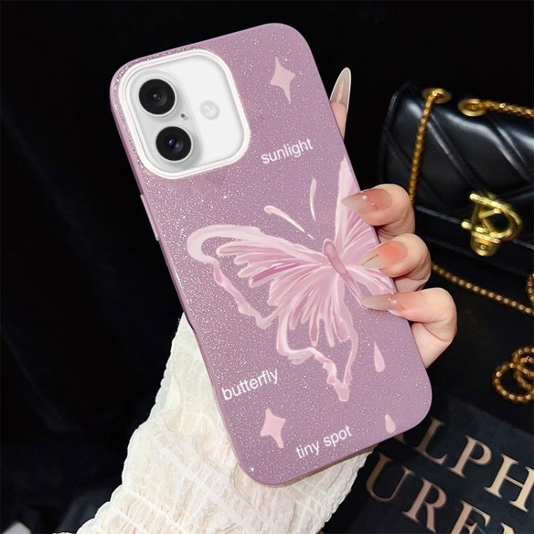 Custodia per telefono ibrida in PC TPU con motivo a stelle rosa e farfalle, glitter IMD., For iPhone 16 Pro, For iPhone 16 Plus, For iPhone 16, For iPhone 15 Pro Max, For iPhone 15 Pro, For iPhone 15 Plus