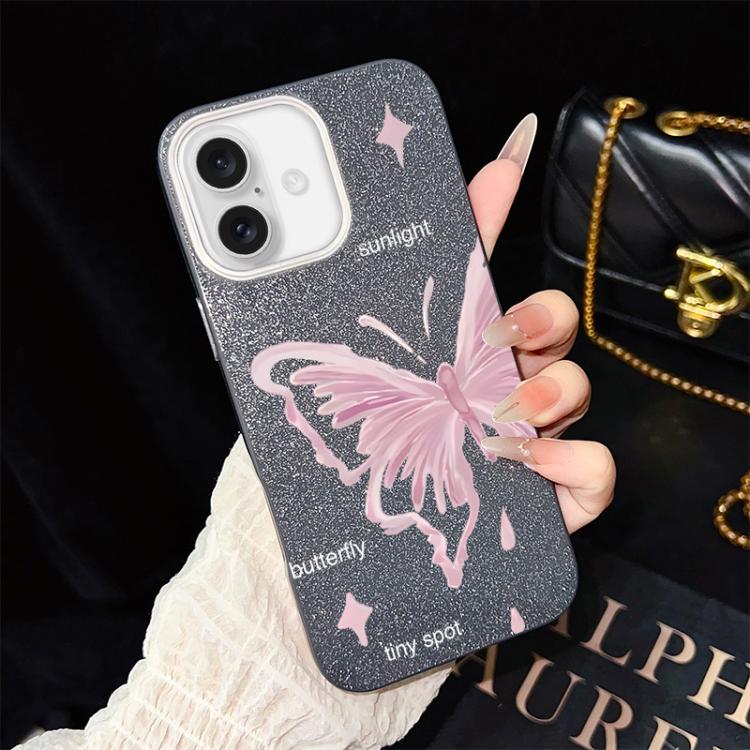 Custodia per telefono ibrida in PC TPU con motivo a stelle rosa e farfalle, glitter IMD., For iPhone 16 Pro, For iPhone 16 Plus, For iPhone 16, For iPhone 15 Pro Max, For iPhone 15 Pro, For iPhone 15 Plus