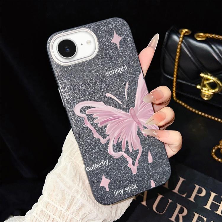 Custodia per telefono ibrida in PC TPU con motivo a stelle rosa e farfalle, glitter IMD., For iPhone 17e / 16e, For iPhone 17 Pro Max, For iPhone 17 Pro, For iPhone 17, For iPhone Air, For iPhone 16 Pro Max