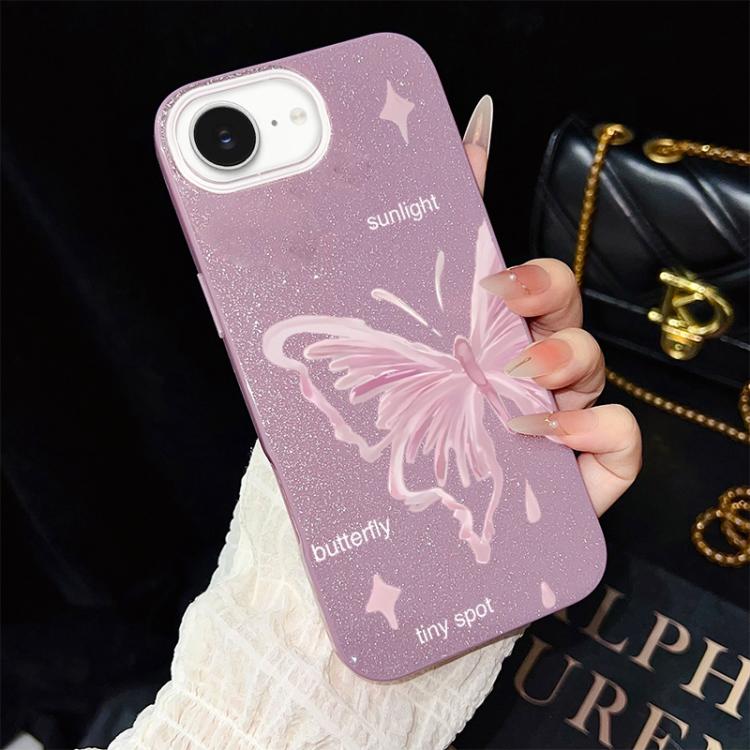 Custodia per telefono ibrida in PC TPU con motivo a stelle rosa e farfalle, glitter IMD., For iPhone 17e / 16e, For iPhone 17 Pro Max, For iPhone 17 Pro, For iPhone 17, For iPhone Air, For iPhone 16 Pro Max