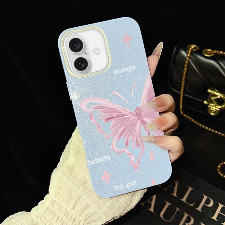 Custodia per telefono ibrida in PC TPU con motivo a stelle rosa e farfalle, glitter IMD., For iPhone 17e / 16e, For iPhone 17 Pro Max, For iPhone 17 Pro, For iPhone 17, For iPhone Air, For iPhone 16 Pro Max