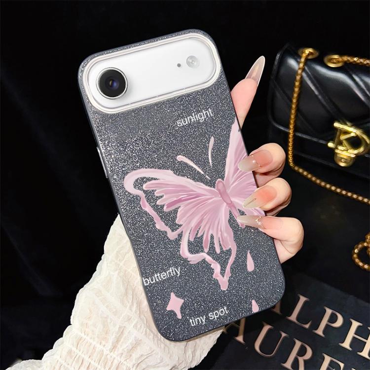 Custodia per telefono ibrida in PC TPU con motivo a stelle rosa e farfalle, glitter IMD., For iPhone 17e / 16e, For iPhone 17 Pro Max, For iPhone 17 Pro, For iPhone 17, For iPhone Air, For iPhone 16 Pro Max