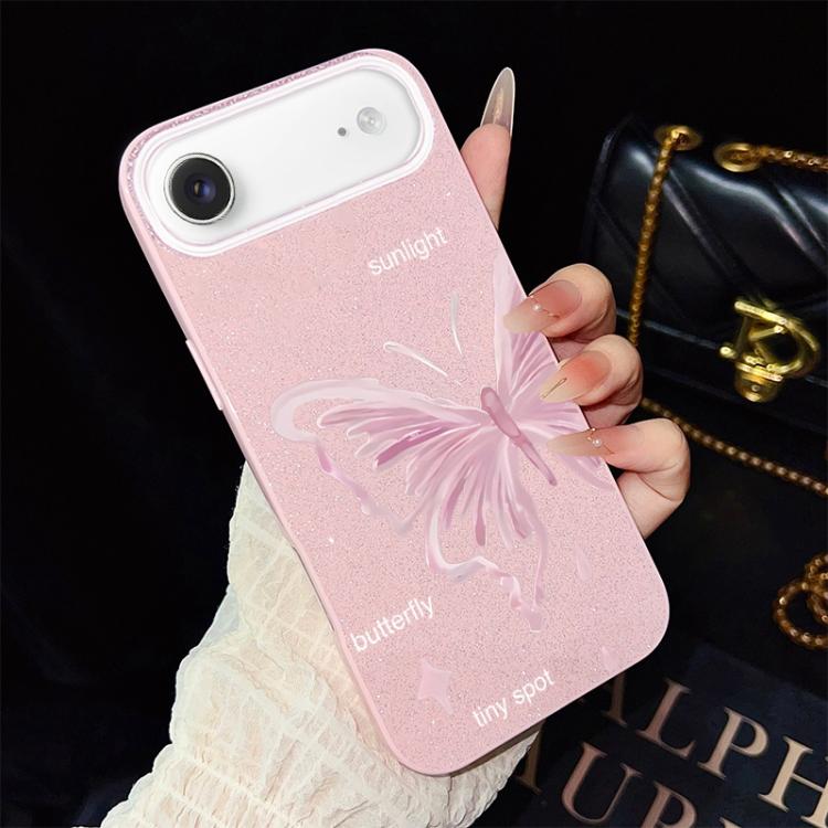 Custodia per telefono ibrida in PC TPU con motivo a stelle rosa e farfalle, glitter IMD., For iPhone 17e / 16e, For iPhone 17 Pro Max, For iPhone 17 Pro, For iPhone 17, For iPhone Air, For iPhone 16 Pro Max