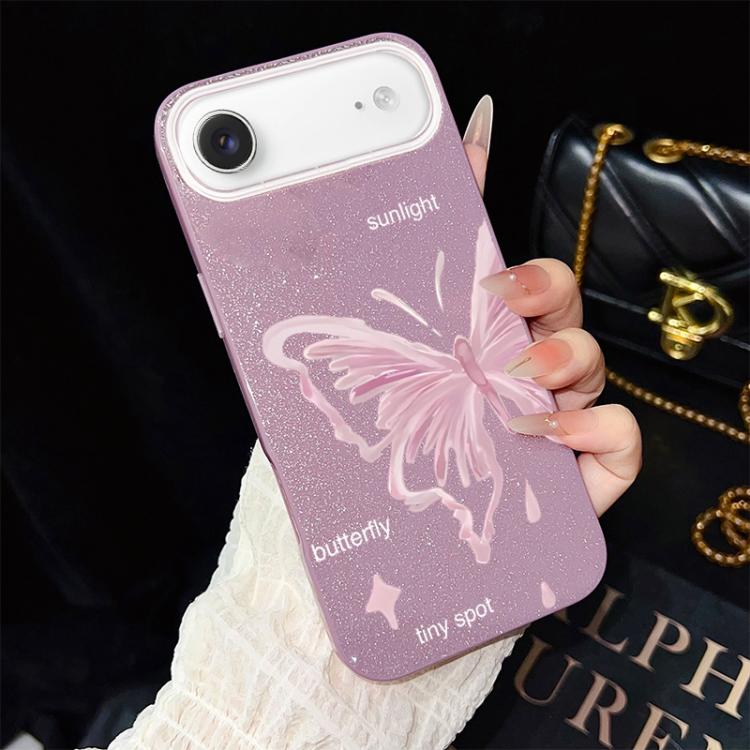 Custodia per telefono ibrida in PC TPU con motivo a stelle rosa e farfalle, glitter IMD., For iPhone 17e / 16e, For iPhone 17 Pro Max, For iPhone 17 Pro, For iPhone 17, For iPhone Air, For iPhone 16 Pro Max